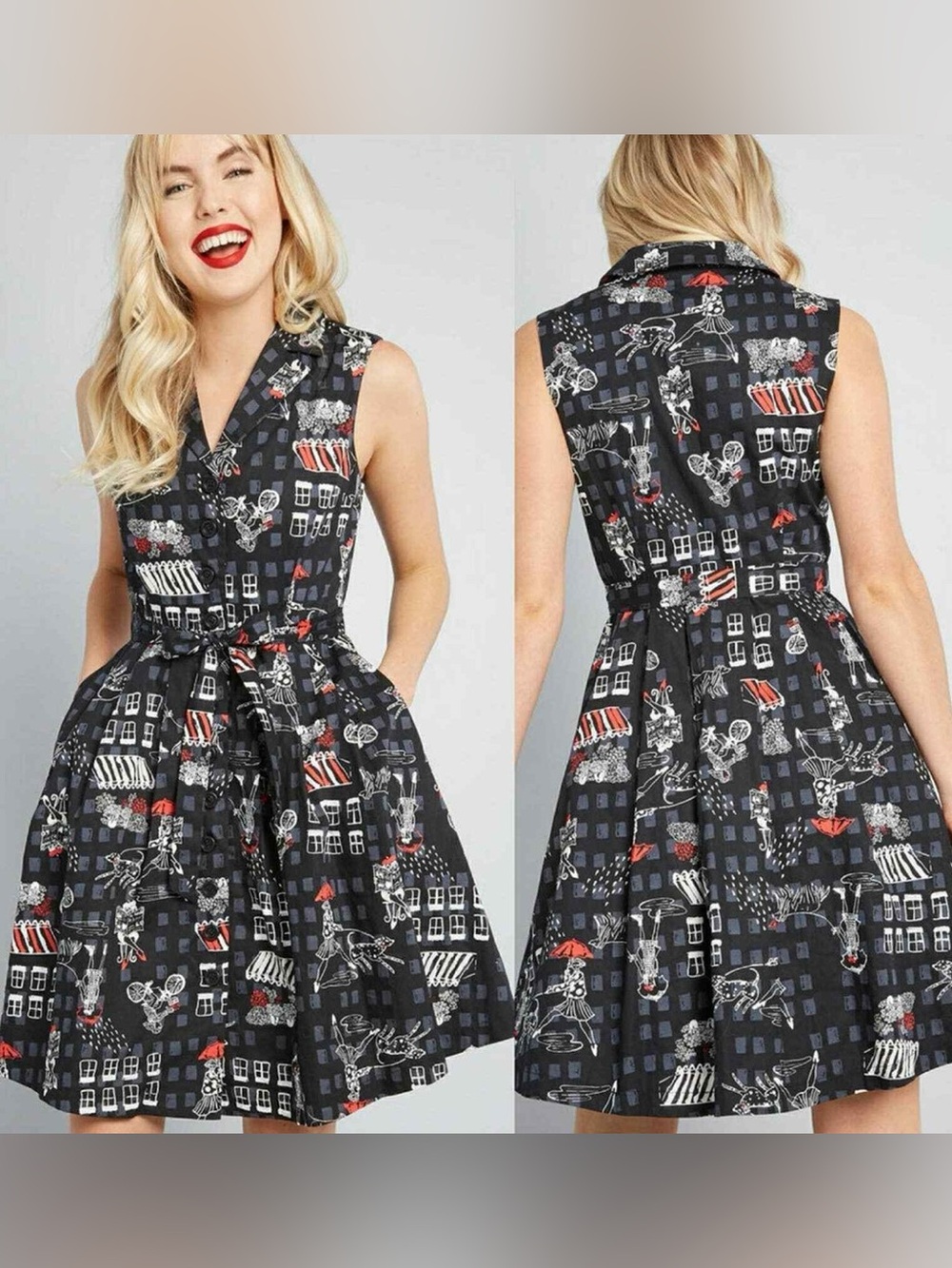 Modcloth Community Brunch Shirt Dress Dog Walking Rain Art To Wear Sz L